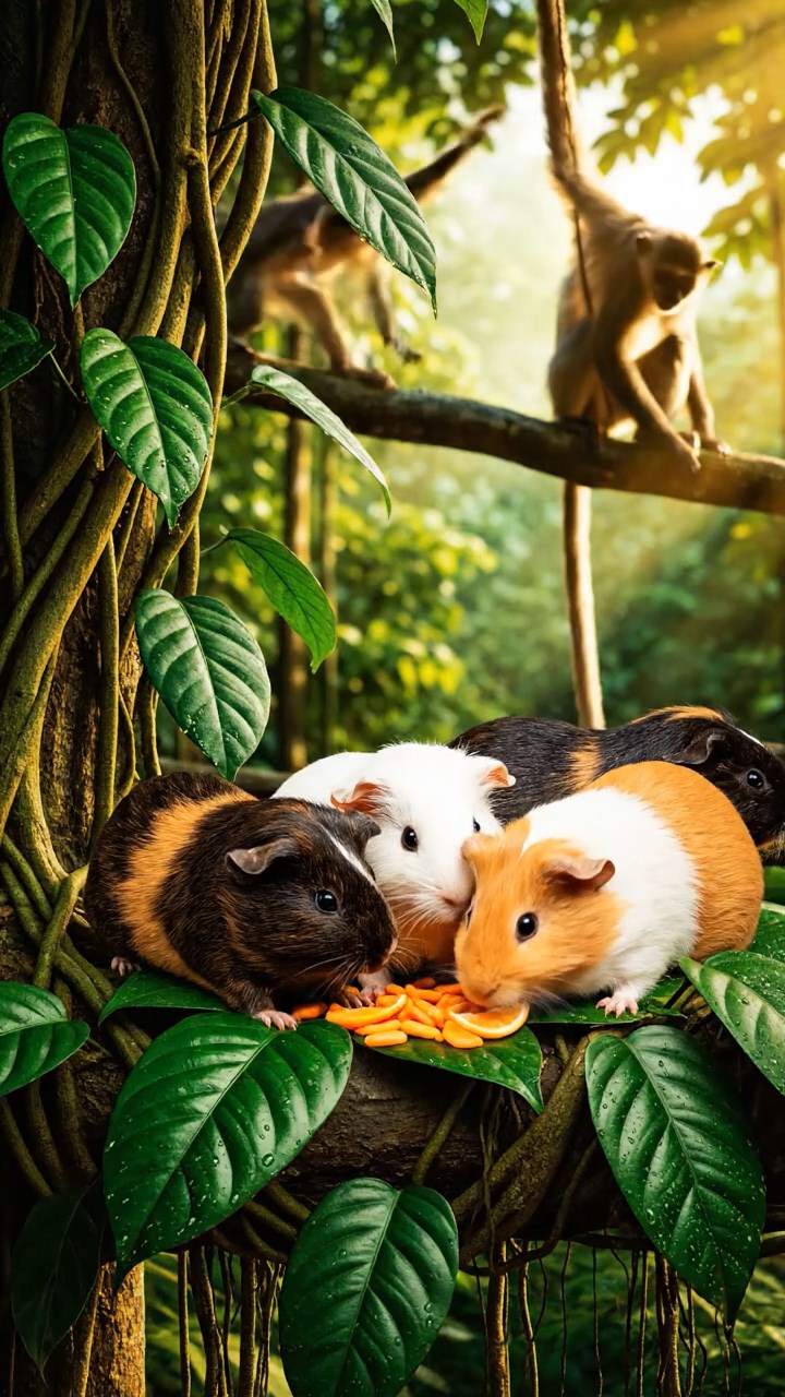 818. Photorealistic scene of 3 smooth-haired Teddy guinea pigs with Chocolate, Cinnamon, and Gray fur, climbing small rocks in a forested glade with soft moss and scattered leaves, under dappled sunlight, enhancing the authentic, adventurous atmosphere.