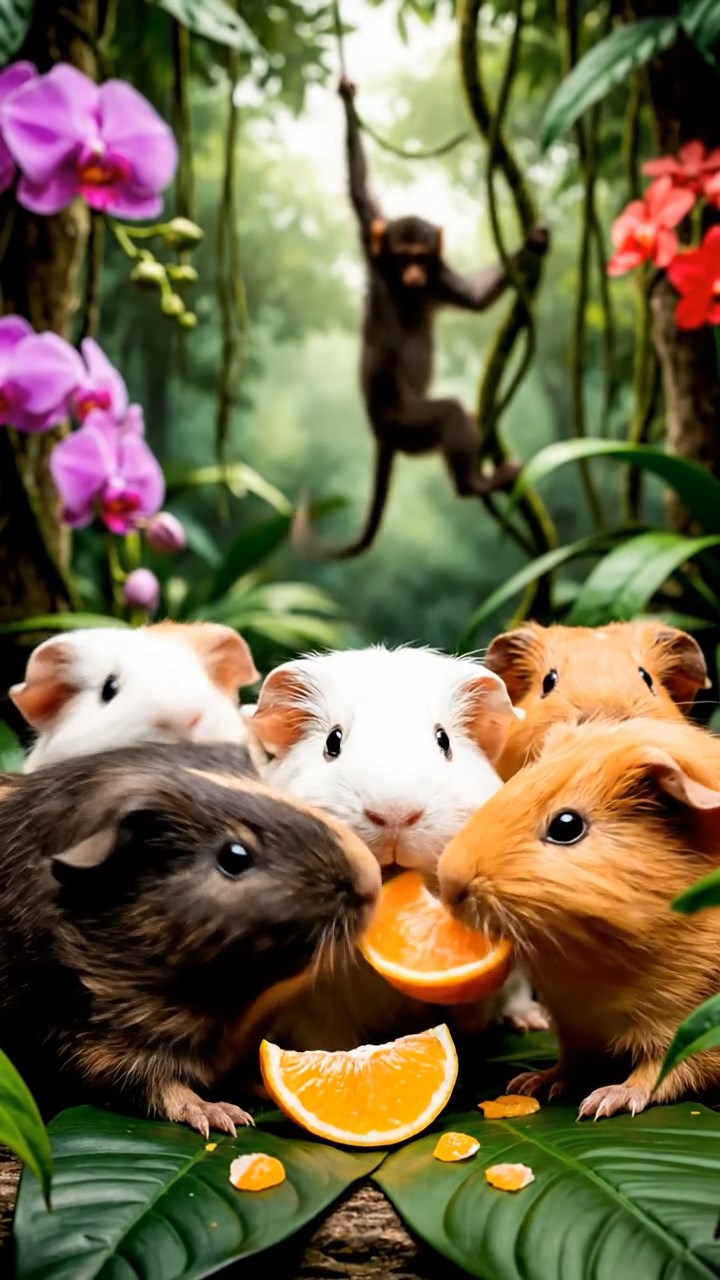 818. Photorealistic scene of 3 smooth-haired Teddy guinea pigs with Chocolate, Cinnamon, and Gray fur, climbing small rocks in a forested glade with soft moss and scattered leaves, under dappled sunlight, enhancing the authentic, adventurous atmosphere.