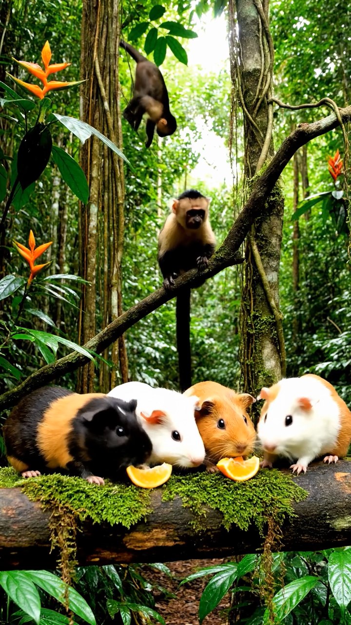 818. Photorealistic scene of 3 smooth-haired Teddy guinea pigs with Chocolate, Cinnamon, and Gray fur, climbing small rocks in a forested glade with soft moss and scattered leaves, under dappled sunlight, enhancing the authentic, adventurous atmosphere.