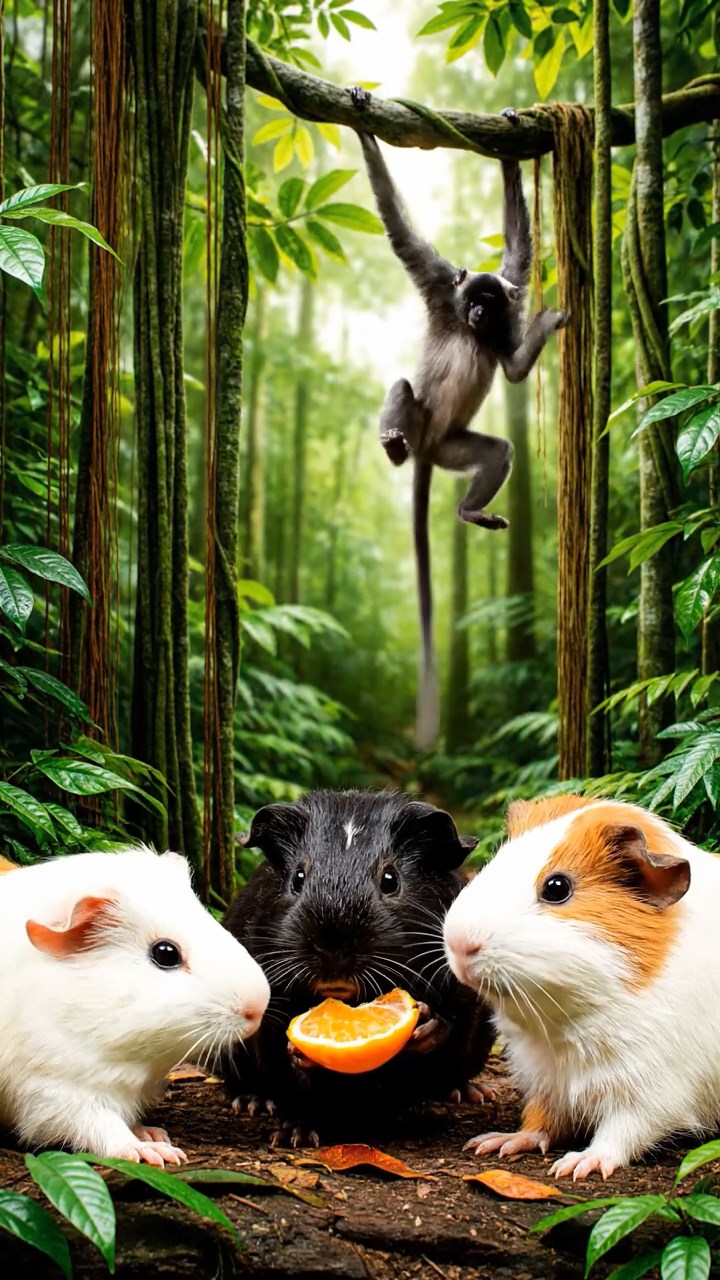 818. Photorealistic scene of 3 smooth-haired Teddy guinea pigs with Chocolate, Cinnamon, and Gray fur, climbing small rocks in a forested glade with soft moss and scattered leaves, under dappled sunlight, enhancing the authentic, adventurous atmosphere.