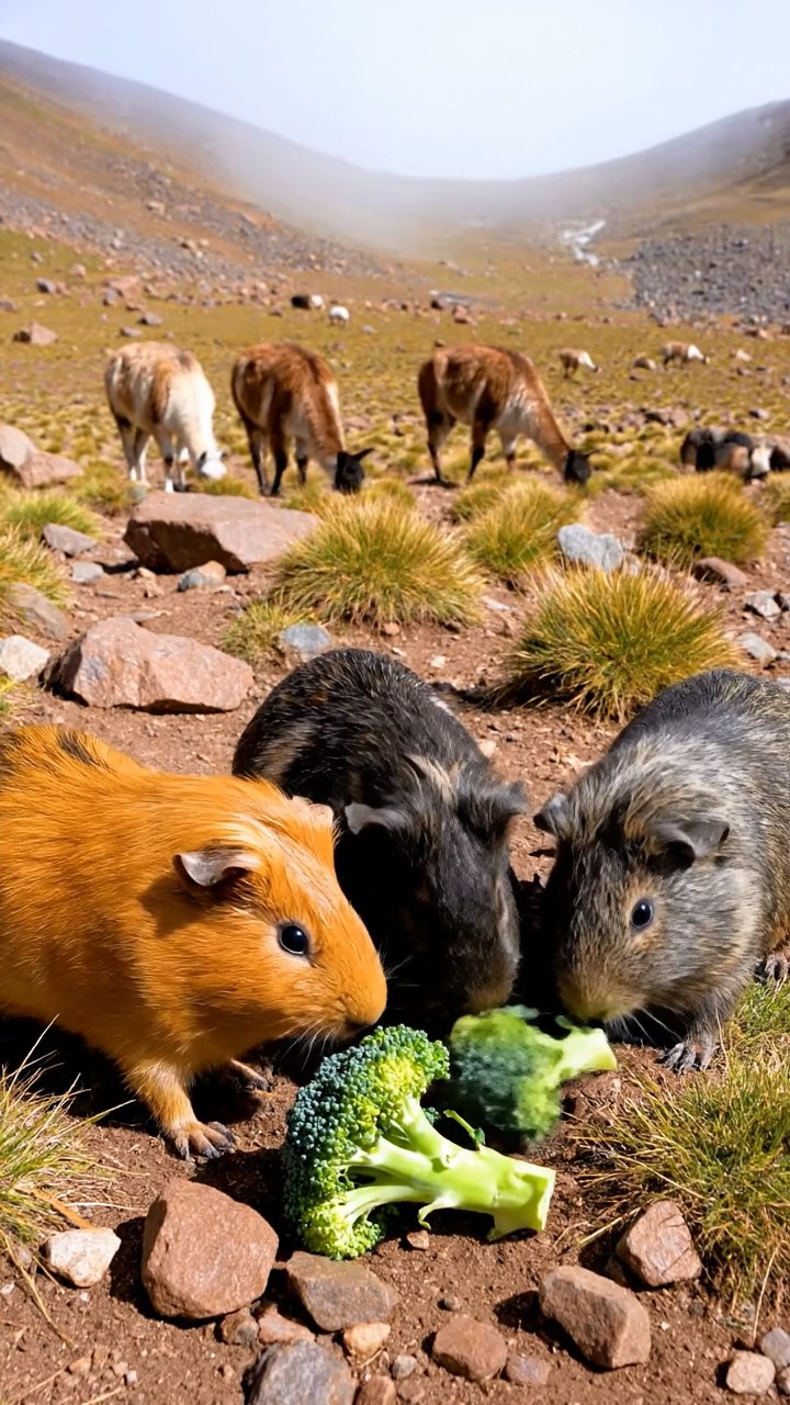 823. Highly detailed view of 3 smooth-haired Himalayan guinea pigs with Gray, Cream, and Brown fur, mating in a secluded grassy clearing surrounded by tall ferns and soft moss, under gentle morning light, creating a realistic, intimate natural scene.
