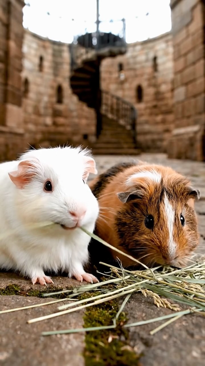 824. Realistic scene of 4 smooth-haired Californian guinea pigs with Fawn, Chocolate, Cinnamon, and Sable fur, dressed as firefighters in tiny uniforms, training with miniature hoses in a guinea pig village with hay houses, under glowing streetlights, capturing a heroic, lifelike moment.