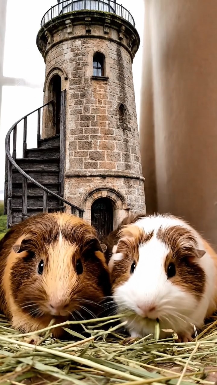 824. Realistic scene of 4 smooth-haired Californian guinea pigs with Fawn, Chocolate, Cinnamon, and Sable fur, dressed as firefighters in tiny uniforms, training with miniature hoses in a guinea pig village with hay houses, under glowing streetlights, capturing a heroic, lifelike moment.