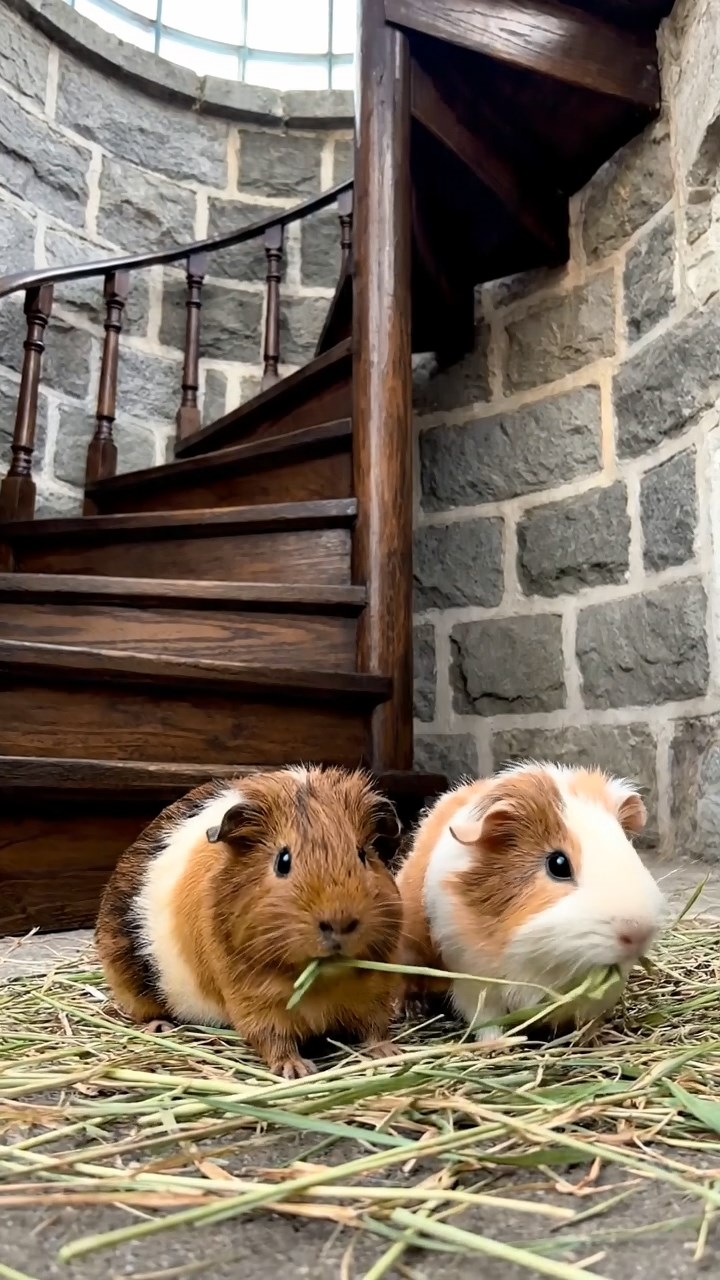 824. Realistic scene of 4 smooth-haired Californian guinea pigs with Fawn, Chocolate, Cinnamon, and Sable fur, dressed as firefighters in tiny uniforms, training with miniature hoses in a guinea pig village with hay houses, under glowing streetlights, capturing a heroic, lifelike moment.