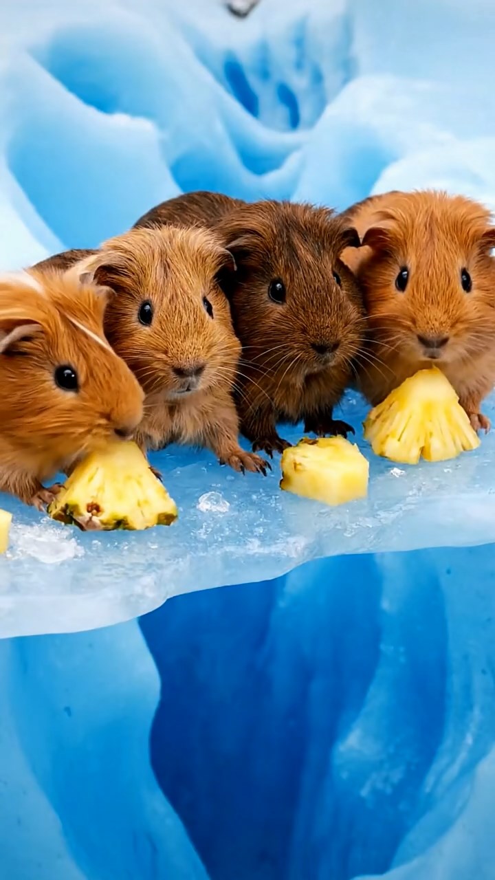 825. Detailed photo of 5 smooth-haired American guinea pigs with White, Orange, Gray, Black, and Brown fur, foraging for clover in a lush meadow with wildflowers and a trickling stream, under soft morning light, creating a realistic, serene pastoral scene.