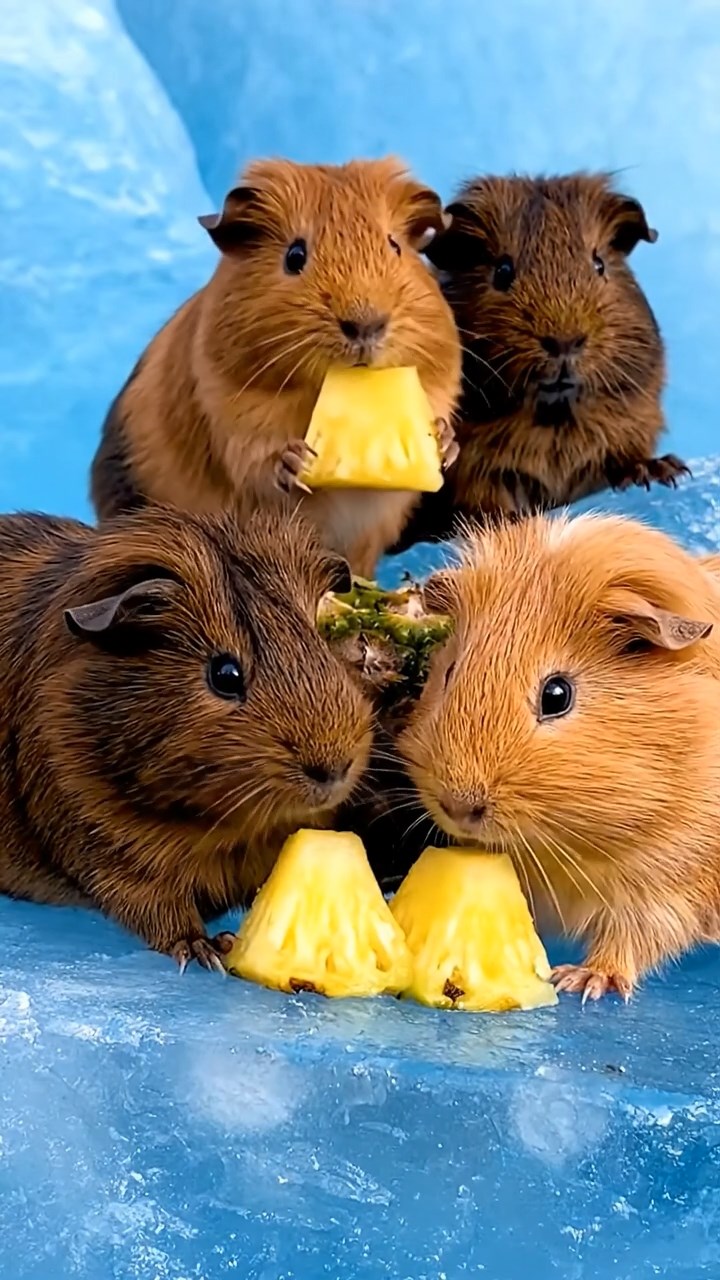 825. Detailed photo of 5 smooth-haired American guinea pigs with White, Orange, Gray, Black, and Brown fur, foraging for clover in a lush meadow with wildflowers and a trickling stream, under soft morning light, creating a realistic, serene pastoral scene.