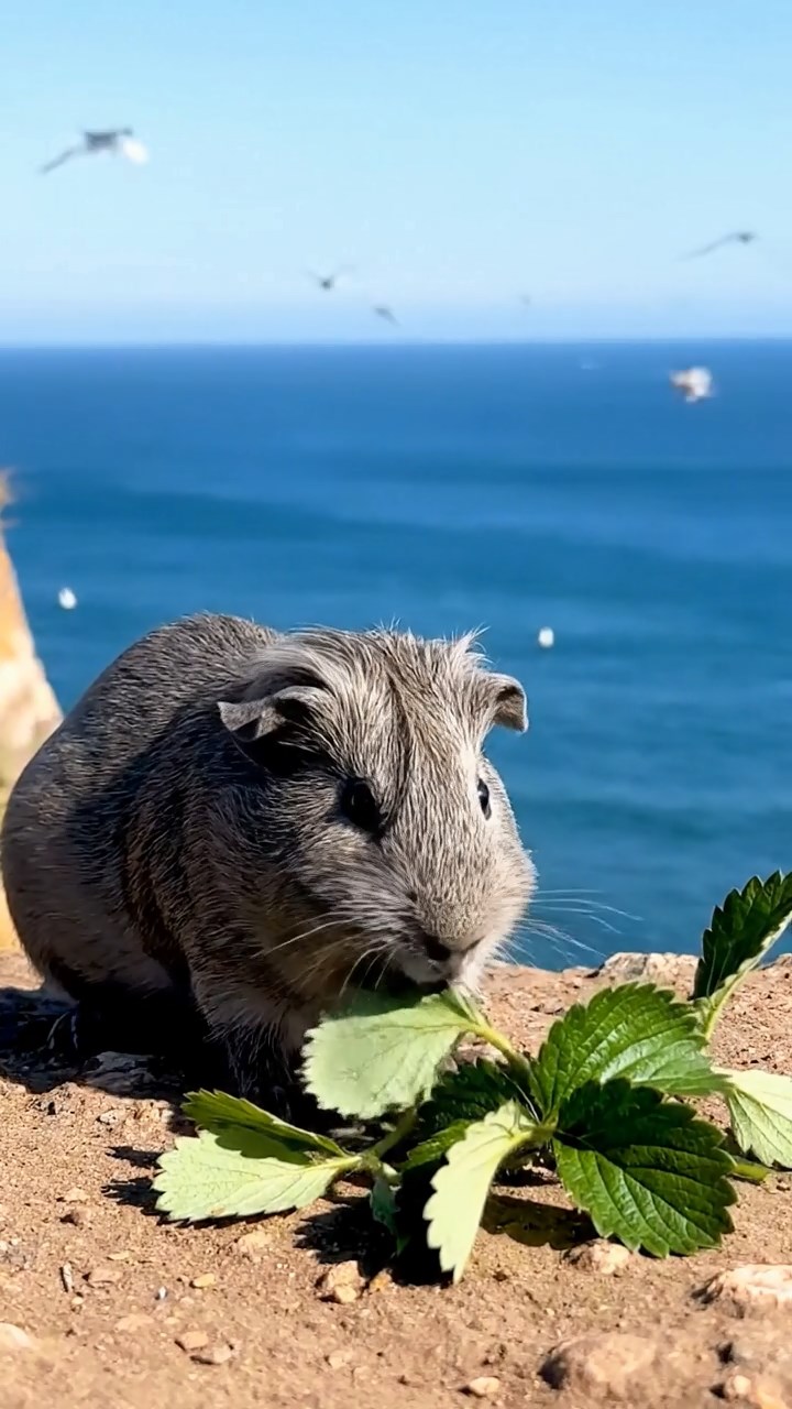 827. Highly detailed view of 2 smooth-haired Himalayan guinea pigs with Fawn and Sable fur, dressed as musicians in tiny vests, playing miniature drums in a guinea pig concert hall with hay seats and velvet curtains, under warm spotlights, creating a realistic, elegant scene.