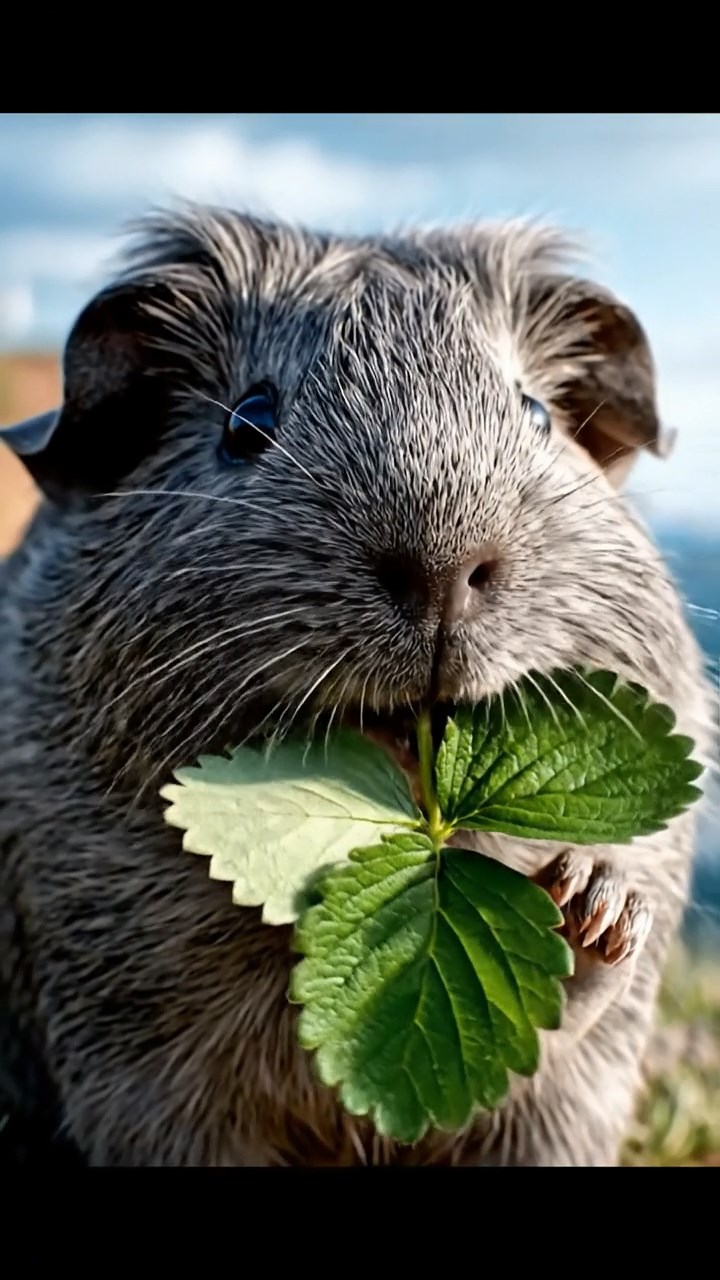 827. Highly detailed view of 2 smooth-haired Himalayan guinea pigs with Fawn and Sable fur, dressed as musicians in tiny vests, playing miniature drums in a guinea pig concert hall with hay seats and velvet curtains, under warm spotlights, creating a realistic, elegant scene.