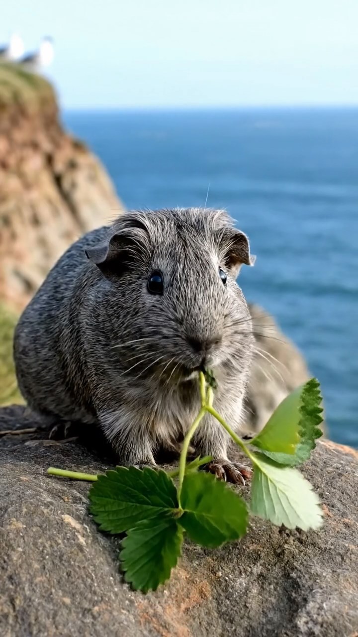 827. Highly detailed view of 2 smooth-haired Himalayan guinea pigs with Fawn and Sable fur, dressed as musicians in tiny vests, playing miniature drums in a guinea pig concert hall with hay seats and velvet curtains, under warm spotlights, creating a realistic, elegant scene.