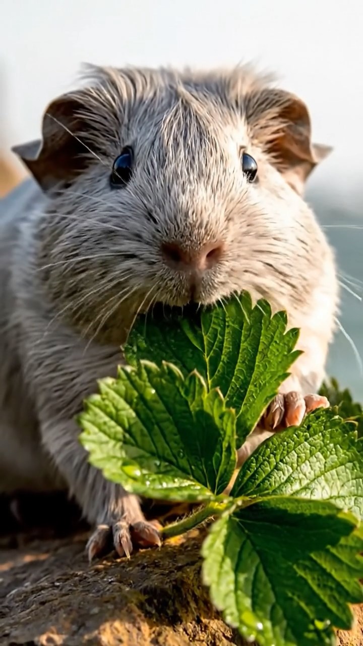 827. Highly detailed view of 2 smooth-haired Himalayan guinea pigs with Fawn and Sable fur, dressed as musicians in tiny vests, playing miniature drums in a guinea pig concert hall with hay seats and velvet curtains, under warm spotlights, creating a realistic, elegant scene.