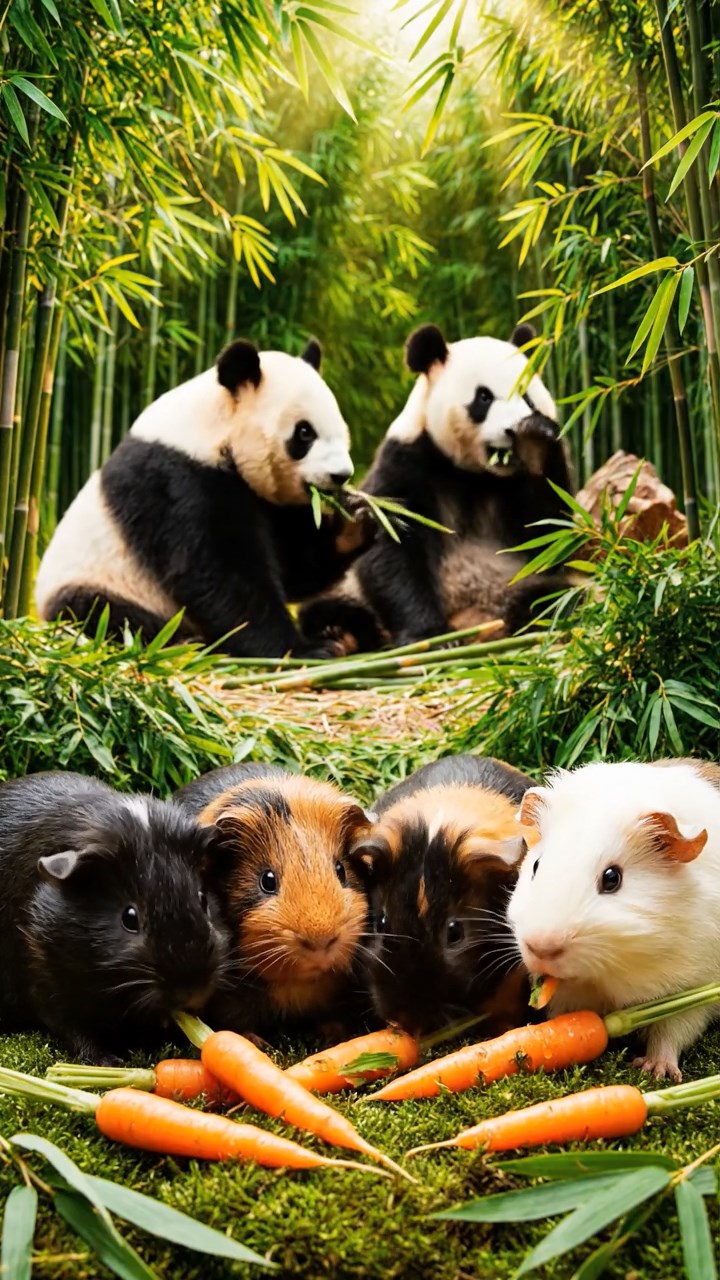 828. Realistic scene of 3 smooth-haired Californian guinea pigs with Chocolate, Cinnamon, and Gray fur, grooming each other in a lush meadow with scattered wildflowers and a babbling brook, under golden sunlight, enhancing the authentic, social atmosphere.