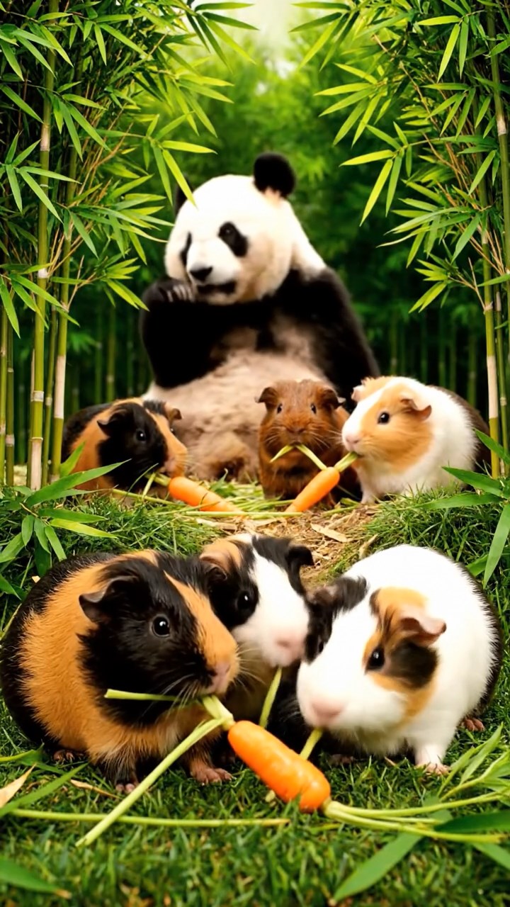 828. Realistic scene of 3 smooth-haired Californian guinea pigs with Chocolate, Cinnamon, and Gray fur, grooming each other in a lush meadow with scattered wildflowers and a babbling brook, under golden sunlight, enhancing the authentic, social atmosphere.