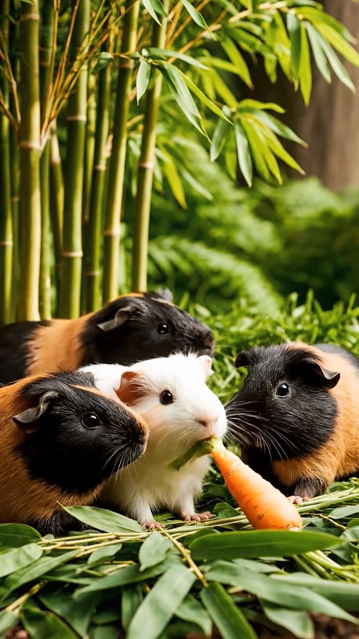 828. Realistic scene of 3 smooth-haired Californian guinea pigs with Chocolate, Cinnamon, and Gray fur, grooming each other in a lush meadow with scattered wildflowers and a babbling brook, under golden sunlight, enhancing the authentic, social atmosphere.