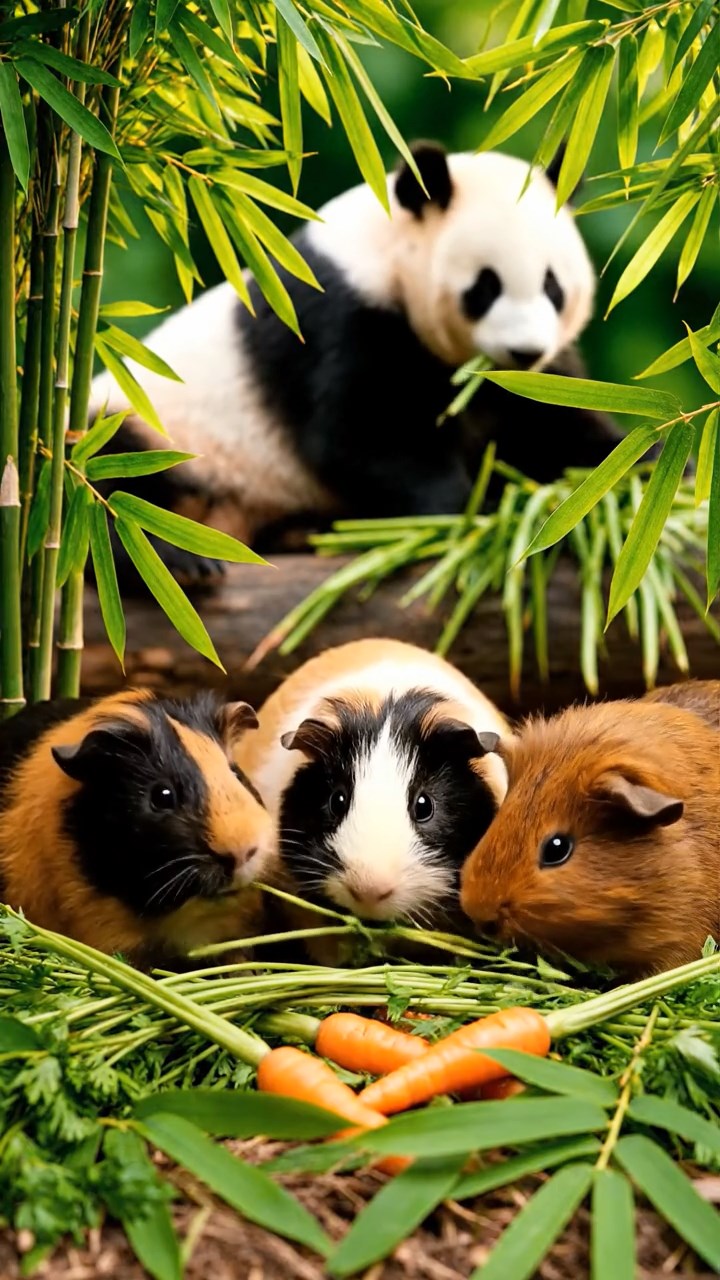 828. Realistic scene of 3 smooth-haired Californian guinea pigs with Chocolate, Cinnamon, and Gray fur, grooming each other in a lush meadow with scattered wildflowers and a babbling brook, under golden sunlight, enhancing the authentic, social atmosphere.