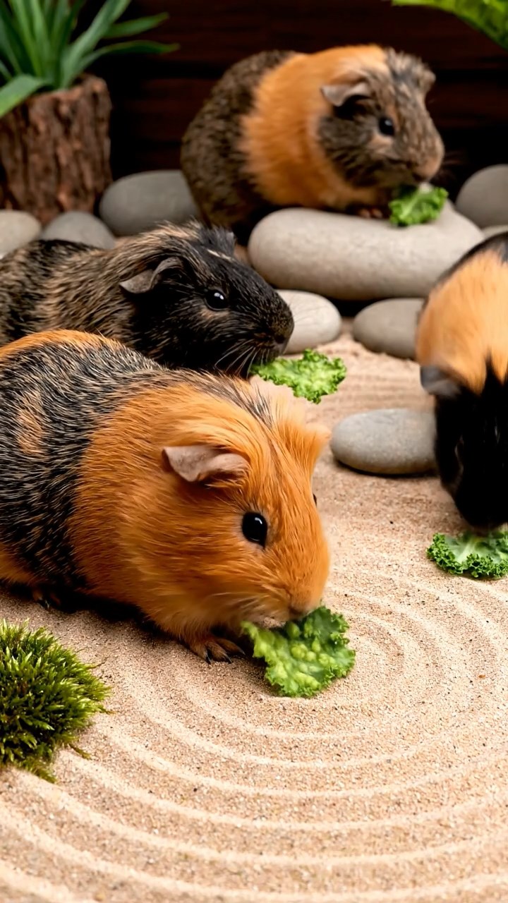 831. Highly detailed view of 1 smooth-haired Himalayan guinea pig with White fur, munching on bell peppers, in a vibrant vegetable garden with rows of tomatoes and lettuce, under bright sunlight, creating a realistic, colorful rural scene.
