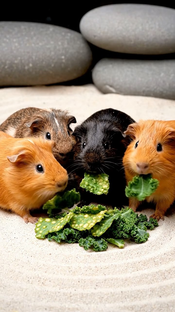 831. Highly detailed view of 1 smooth-haired Himalayan guinea pig with White fur, munching on bell peppers, in a vibrant vegetable garden with rows of tomatoes and lettuce, under bright sunlight, creating a realistic, colorful rural scene.