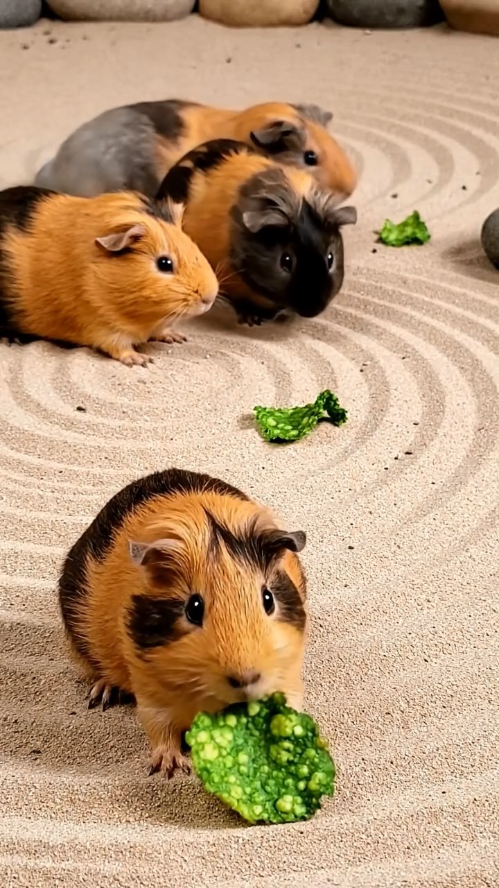 831. Highly detailed view of 1 smooth-haired Himalayan guinea pig with White fur, munching on bell peppers, in a vibrant vegetable garden with rows of tomatoes and lettuce, under bright sunlight, creating a realistic, colorful rural scene.