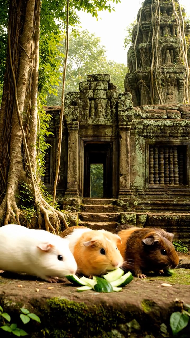 833. Detailed photo of 3 smooth-haired American guinea pigs with Gray, Cream, and Brown fur, burrowing like rabbits in a sandy dune with sparse grass and distant cacti, under a golden sunset, creating a vivid, realistic desert scene.