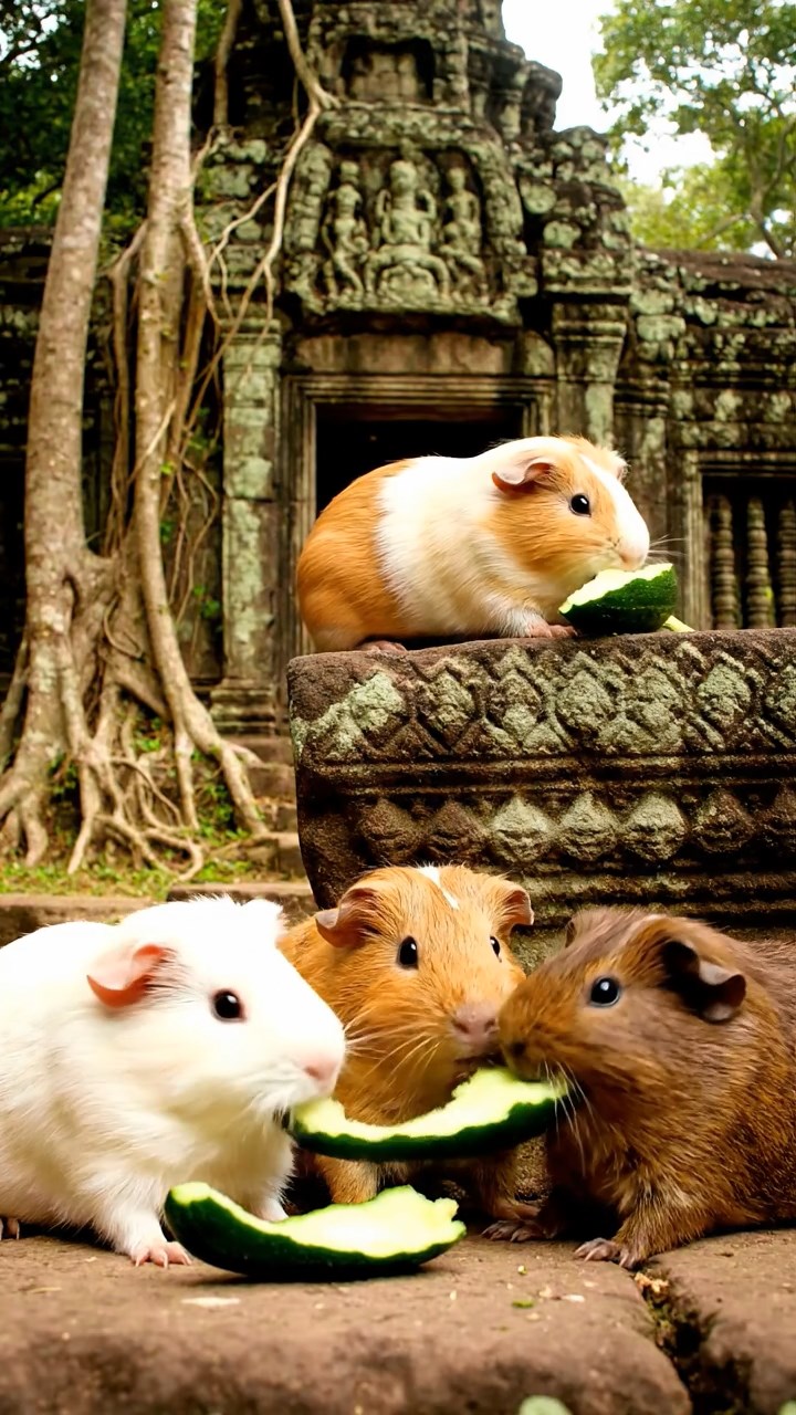 833. Detailed photo of 3 smooth-haired American guinea pigs with Gray, Cream, and Brown fur, burrowing like rabbits in a sandy dune with sparse grass and distant cacti, under a golden sunset, creating a vivid, realistic desert scene.