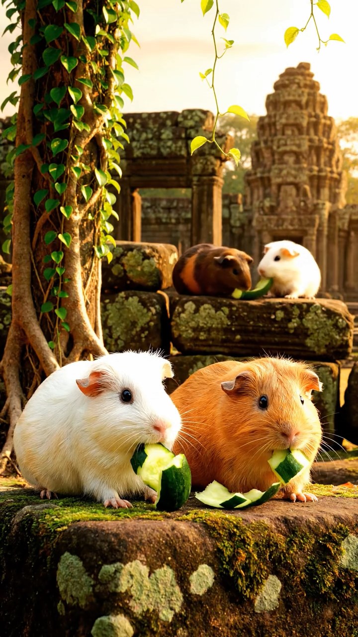 833. Detailed photo of 3 smooth-haired American guinea pigs with Gray, Cream, and Brown fur, burrowing like rabbits in a sandy dune with sparse grass and distant cacti, under a golden sunset, creating a vivid, realistic desert scene.
