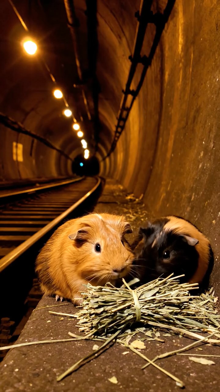 834. Photorealistic scene of 4 smooth-haired Teddy guinea pigs with Fawn, Chocolate, Cinnamon, and Sable fur, dressed as librarians in tiny glasses, cataloging miniature books in a guinea pig library with hay shelves and soft lamplight, capturing a realistic, cozy moment.