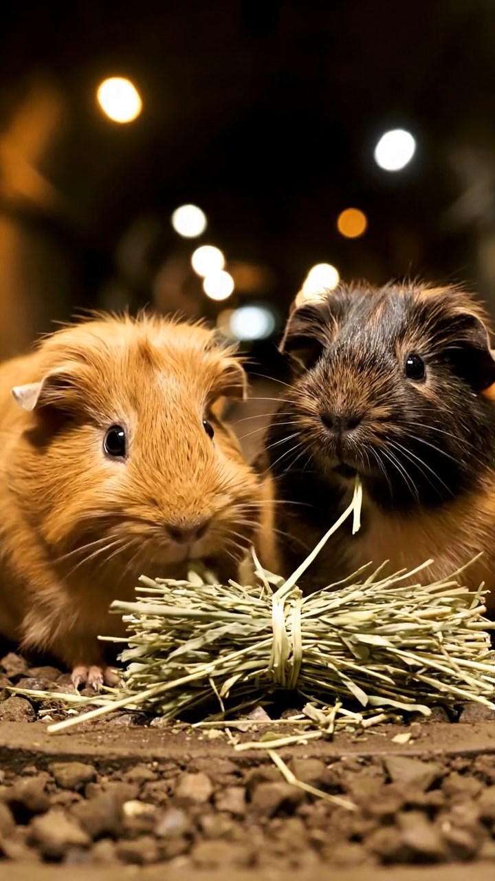 834. Photorealistic scene of 4 smooth-haired Teddy guinea pigs with Fawn, Chocolate, Cinnamon, and Sable fur, dressed as librarians in tiny glasses, cataloging miniature books in a guinea pig library with hay shelves and soft lamplight, capturing a realistic, cozy moment.