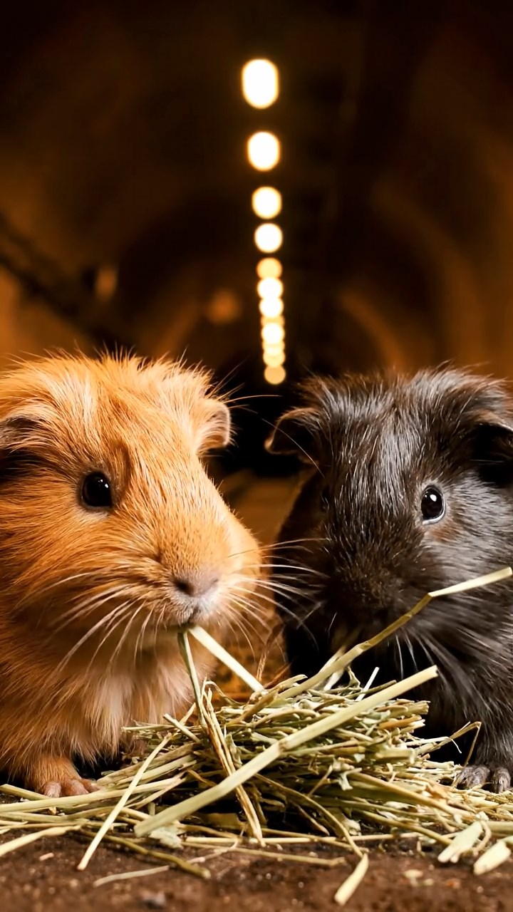 834. Photorealistic scene of 4 smooth-haired Teddy guinea pigs with Fawn, Chocolate, Cinnamon, and Sable fur, dressed as librarians in tiny glasses, cataloging miniature books in a guinea pig library with hay shelves and soft lamplight, capturing a realistic, cozy moment.