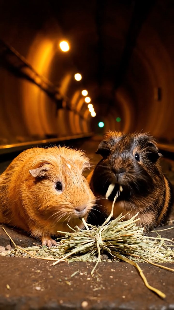 834. Photorealistic scene of 4 smooth-haired Teddy guinea pigs with Fawn, Chocolate, Cinnamon, and Sable fur, dressed as librarians in tiny glasses, cataloging miniature books in a guinea pig library with hay shelves and soft lamplight, capturing a realistic, cozy moment.