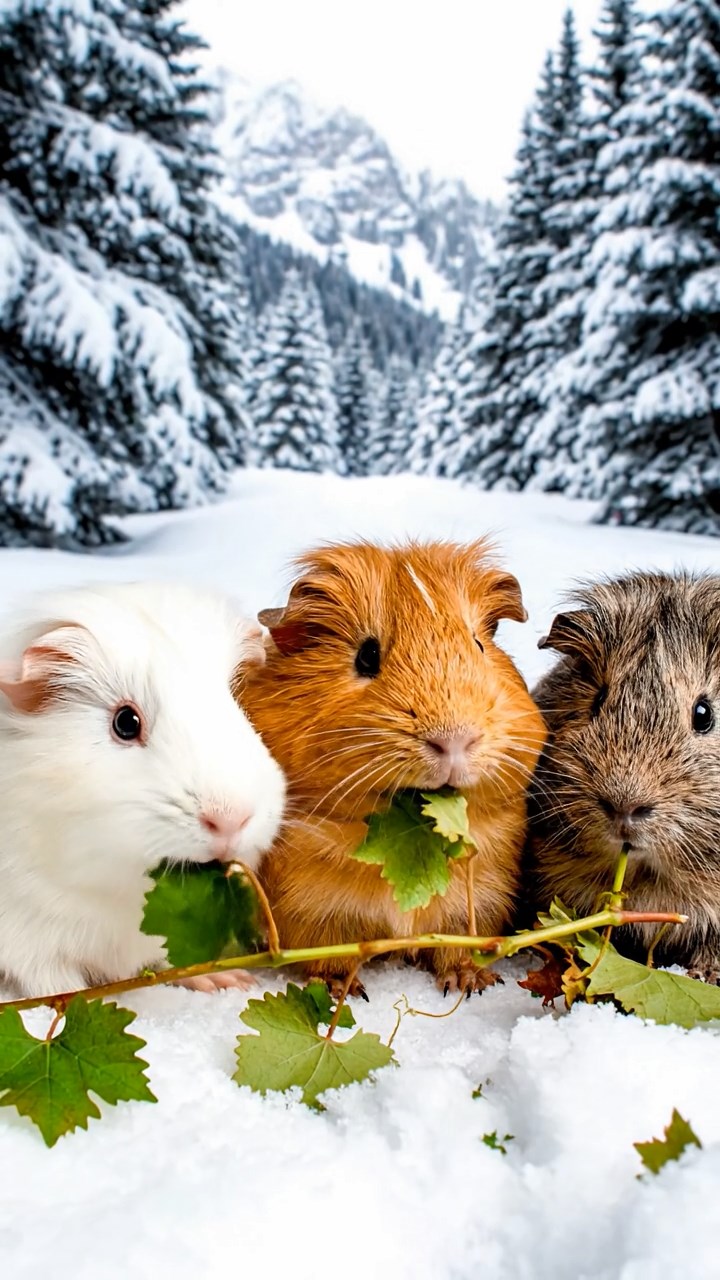 835. Highly detailed view of 5 smooth-haired Himalayan guinea pigs with White, Orange, Gray, Black, and Brown fur, foraging for wild herbs in a lush meadow with wildflowers and a babbling brook, under soft morning light, creating a realistic, serene pastoral scene.