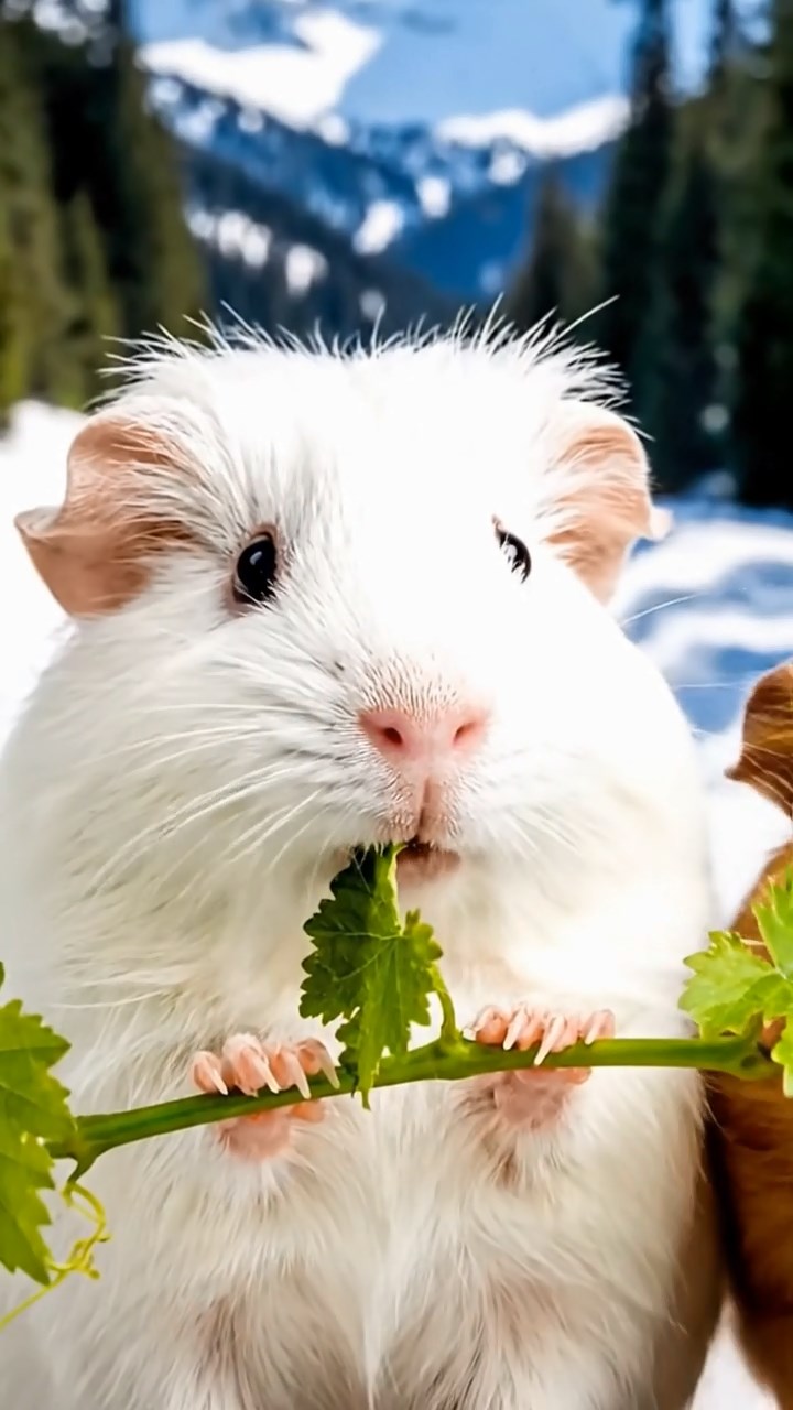835. Highly detailed view of 5 smooth-haired Himalayan guinea pigs with White, Orange, Gray, Black, and Brown fur, foraging for wild herbs in a lush meadow with wildflowers and a babbling brook, under soft morning light, creating a realistic, serene pastoral scene.