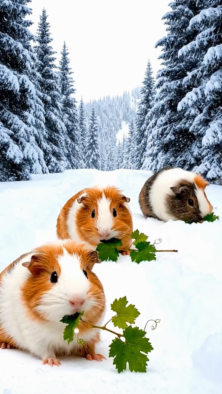 835. Highly detailed view of 5 smooth-haired Himalayan guinea pigs with White, Orange, Gray, Black, and Brown fur, foraging for wild herbs in a lush meadow with wildflowers and a babbling brook, under soft morning light, creating a realistic, serene pastoral scene.