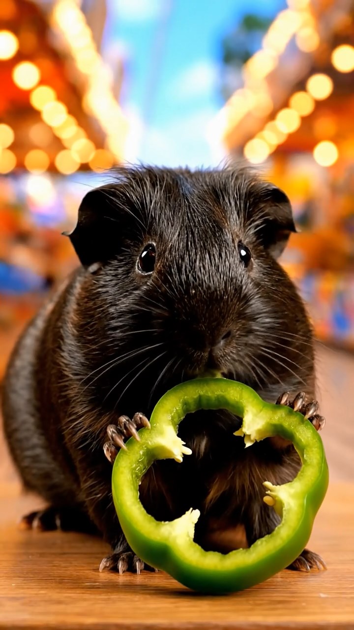 836. Realistic scene of 1 smooth-haired Californian guinea pig with Cream fur, nibbling on strawberries, in a fragrant rose garden with blooming red and white roses, under warm sunlight, capturing a vivid, lifelike romantic moment.