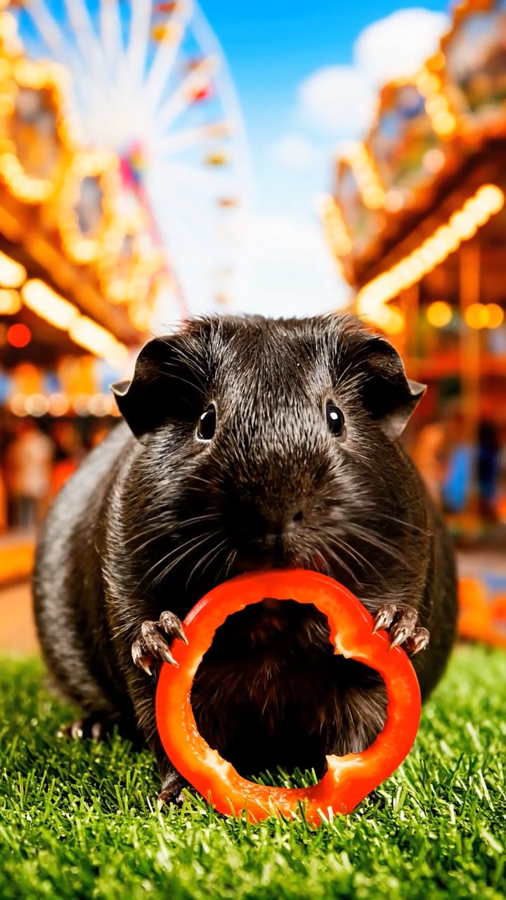 836. Realistic scene of 1 smooth-haired Californian guinea pig with Cream fur, nibbling on strawberries, in a fragrant rose garden with blooming red and white roses, under warm sunlight, capturing a vivid, lifelike romantic moment.