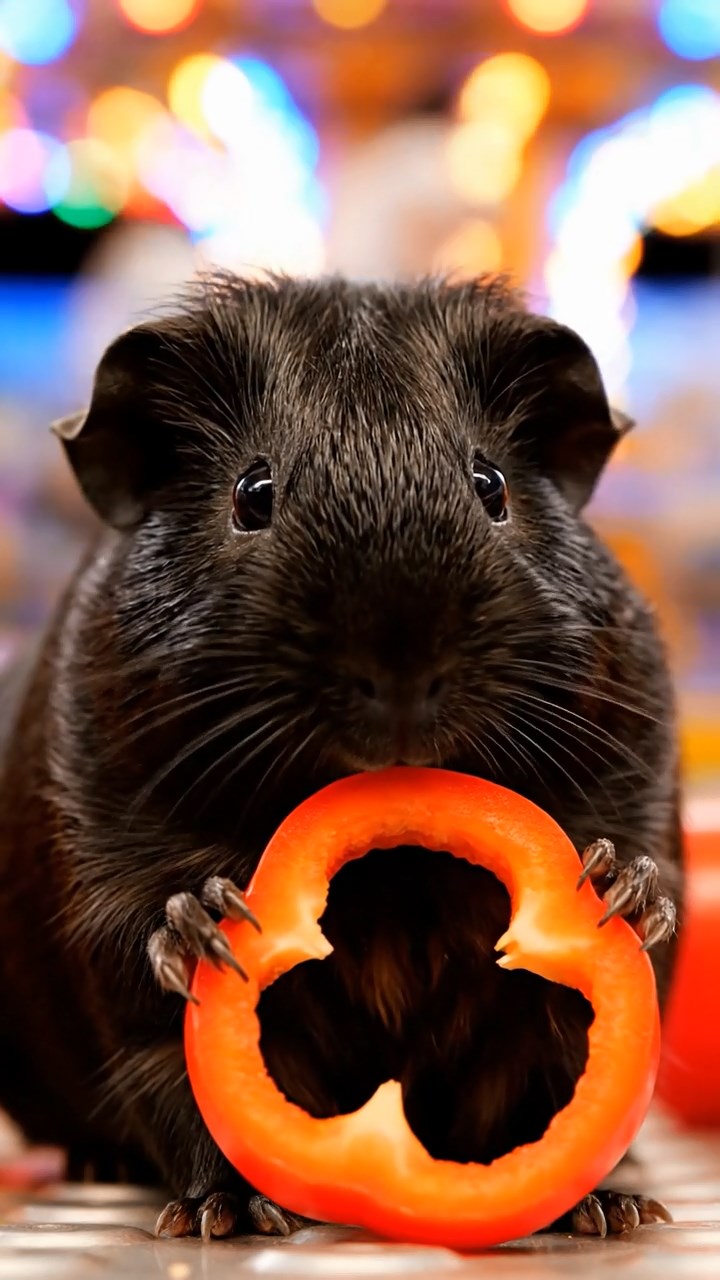 836. Realistic scene of 1 smooth-haired Californian guinea pig with Cream fur, nibbling on strawberries, in a fragrant rose garden with blooming red and white roses, under warm sunlight, capturing a vivid, lifelike romantic moment.