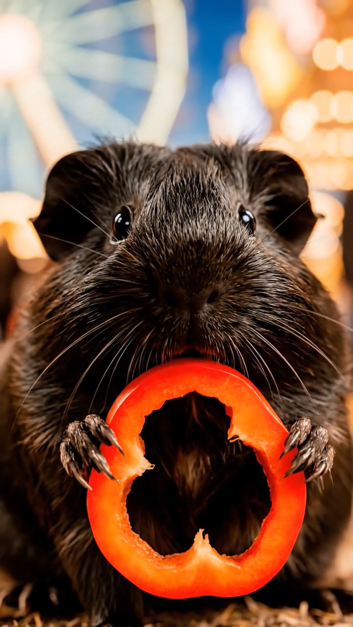 836. Realistic scene of 1 smooth-haired Californian guinea pig with Cream fur, nibbling on strawberries, in a fragrant rose garden with blooming red and white roses, under warm sunlight, capturing a vivid, lifelike romantic moment.