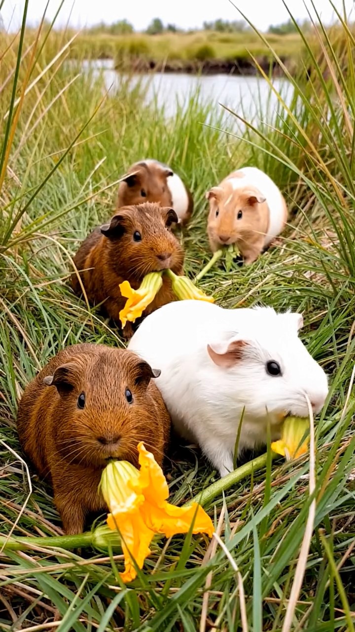 837. Detailed photo of 2 smooth-haired American guinea pigs with Fawn and Sable fur, dressed as bakers in tiny aprons, baking bread in a guinea pig bakery with hay ovens and wooden counters, under soft lamplight, creating a realistic, cozy culinary scene.