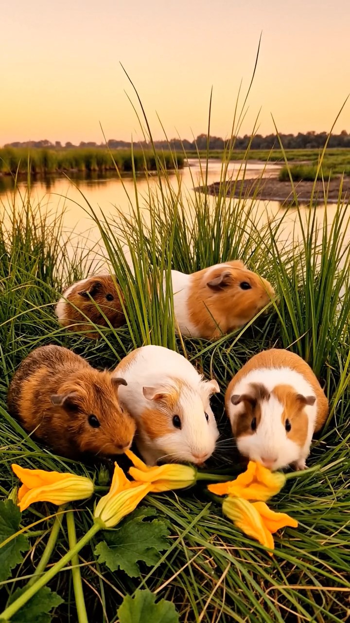 837. Detailed photo of 2 smooth-haired American guinea pigs with Fawn and Sable fur, dressed as bakers in tiny aprons, baking bread in a guinea pig bakery with hay ovens and wooden counters, under soft lamplight, creating a realistic, cozy culinary scene.