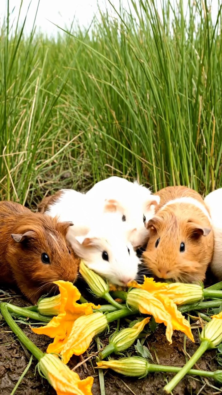 837. Detailed photo of 2 smooth-haired American guinea pigs with Fawn and Sable fur, dressed as bakers in tiny aprons, baking bread in a guinea pig bakery with hay ovens and wooden counters, under soft lamplight, creating a realistic, cozy culinary scene.