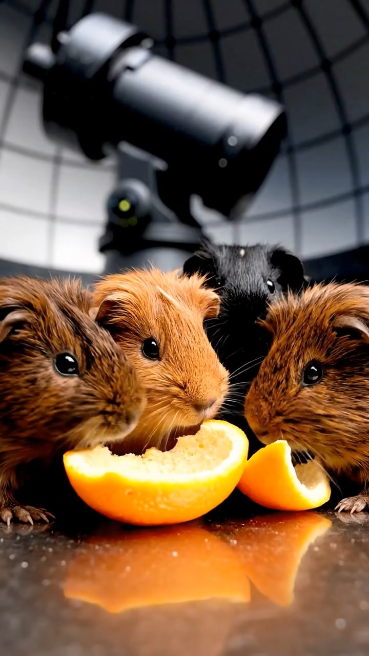 838. Photorealistic scene of 3 smooth-haired Teddy guinea pigs with Chocolate, Cinnamon, and Gray fur, climbing small rocks in a forested glade with soft moss and scattered leaves, under dappled sunlight, enhancing the authentic, adventurous atmosphere.