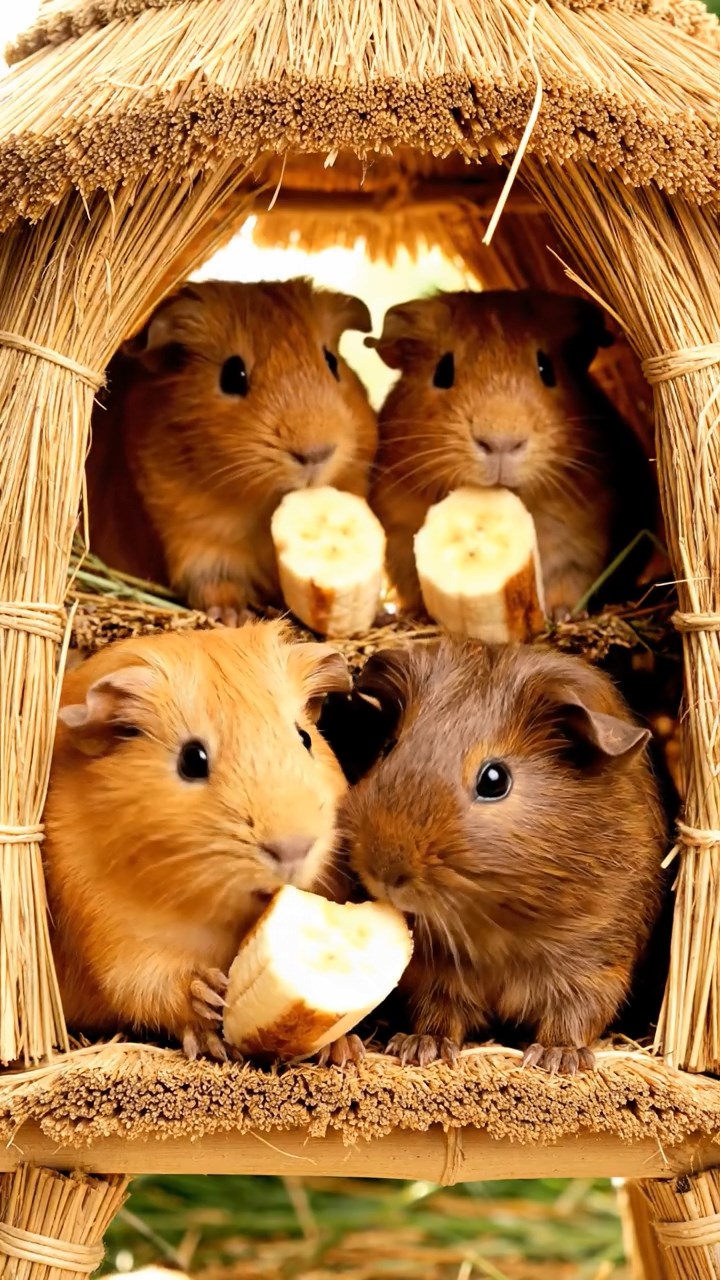 842. Photorealistic scene of 2 smooth-haired Teddy guinea pigs with Orange and Black fur, dressed as engineers in tiny helmets, building a miniature windmill in a guinea pig workshop with hay beams and tools, under bright daylight, enhancing the lifelike, industrious atmosphere.