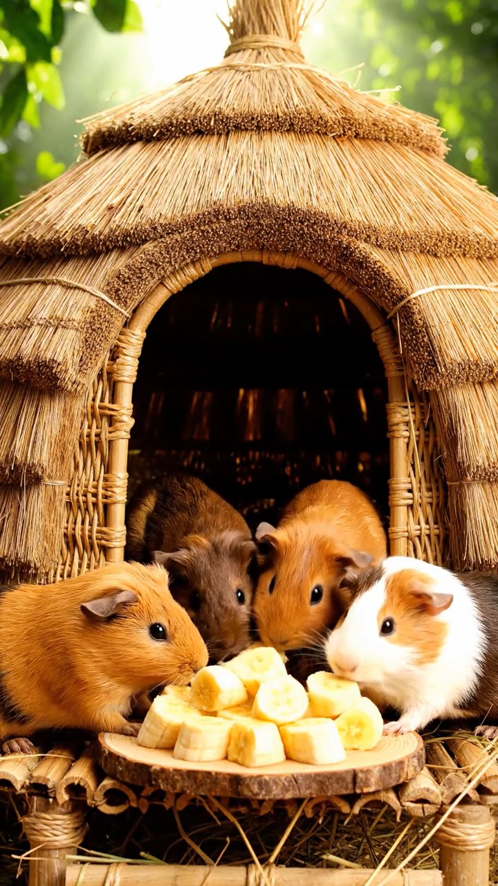 842. Photorealistic scene of 2 smooth-haired Teddy guinea pigs with Orange and Black fur, dressed as engineers in tiny helmets, building a miniature windmill in a guinea pig workshop with hay beams and tools, under bright daylight, enhancing the lifelike, industrious atmosphere.