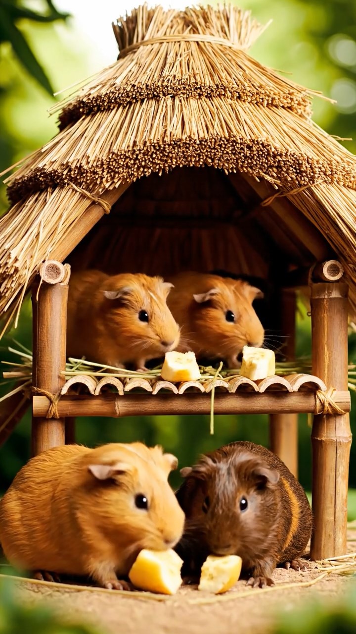 842. Photorealistic scene of 2 smooth-haired Teddy guinea pigs with Orange and Black fur, dressed as engineers in tiny helmets, building a miniature windmill in a guinea pig workshop with hay beams and tools, under bright daylight, enhancing the lifelike, industrious atmosphere.