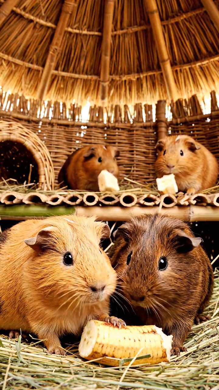 842. Photorealistic scene of 2 smooth-haired Teddy guinea pigs with Orange and Black fur, dressed as engineers in tiny helmets, building a miniature windmill in a guinea pig workshop with hay beams and tools, under bright daylight, enhancing the lifelike, industrious atmosphere.