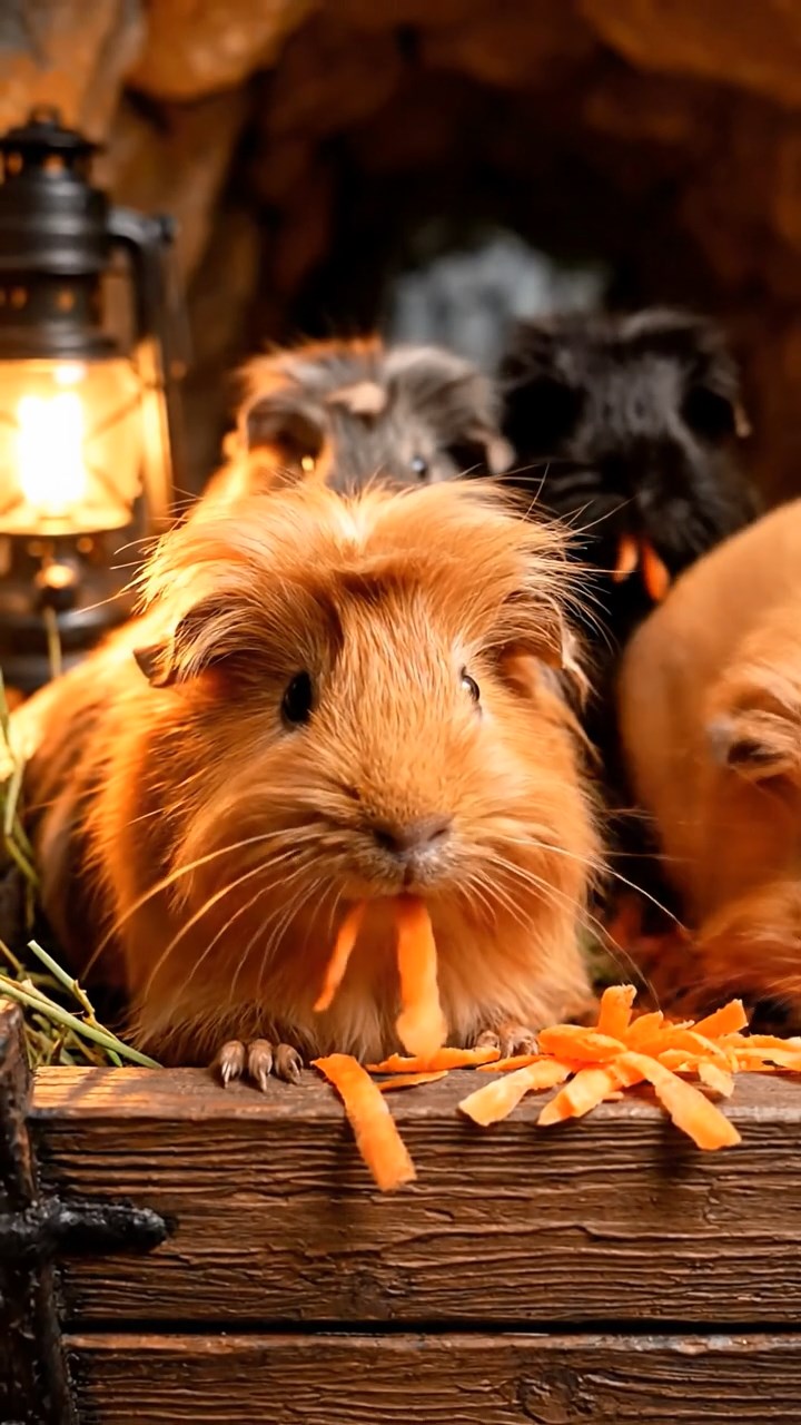 844. Realistic scene of 4 smooth-haired Californian guinea pigs with Fawn, Chocolate, Cinnamon, and Sable fur, dressed as firefighters in tiny uniforms, training with miniature hoses in a guinea pig village with hay houses, under glowing streetlights, capturing a heroic, lifelike moment.