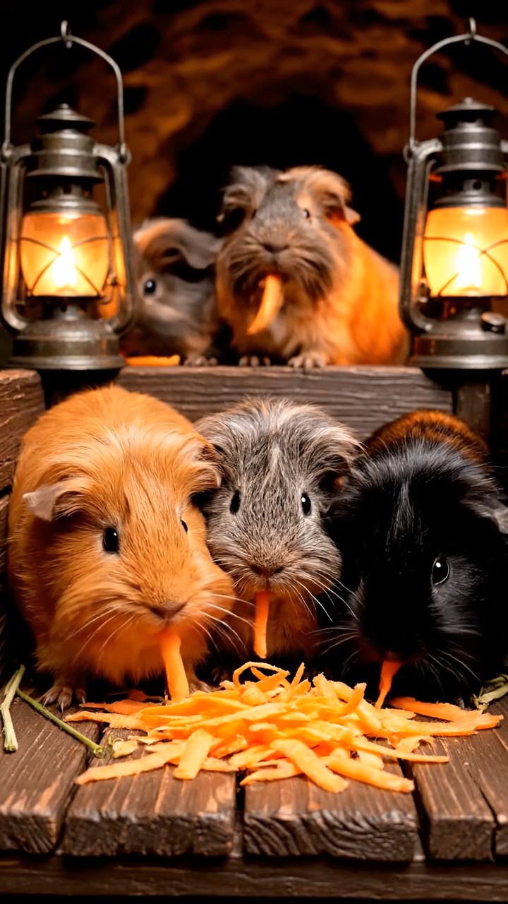 844. Realistic scene of 4 smooth-haired Californian guinea pigs with Fawn, Chocolate, Cinnamon, and Sable fur, dressed as firefighters in tiny uniforms, training with miniature hoses in a guinea pig village with hay houses, under glowing streetlights, capturing a heroic, lifelike moment.