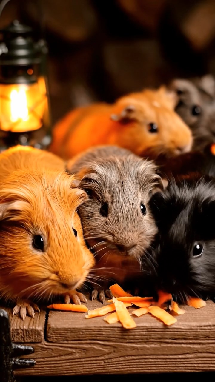 844. Realistic scene of 4 smooth-haired Californian guinea pigs with Fawn, Chocolate, Cinnamon, and Sable fur, dressed as firefighters in tiny uniforms, training with miniature hoses in a guinea pig village with hay houses, under glowing streetlights, capturing a heroic, lifelike moment.