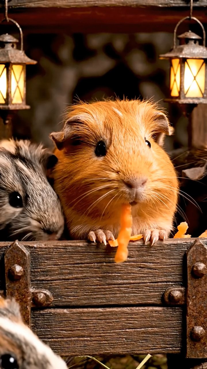 844. Realistic scene of 4 smooth-haired Californian guinea pigs with Fawn, Chocolate, Cinnamon, and Sable fur, dressed as firefighters in tiny uniforms, training with miniature hoses in a guinea pig village with hay houses, under glowing streetlights, capturing a heroic, lifelike moment.