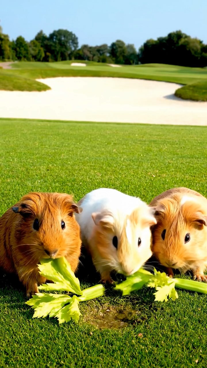 845. Detailed photo of 5 smooth-haired American guinea pigs with White, Orange, Gray, Black, and Brown fur, foraging for clover in a lush meadow with wildflowers and a trickling stream, under soft morning light, creating a realistic, serene pastoral scene.