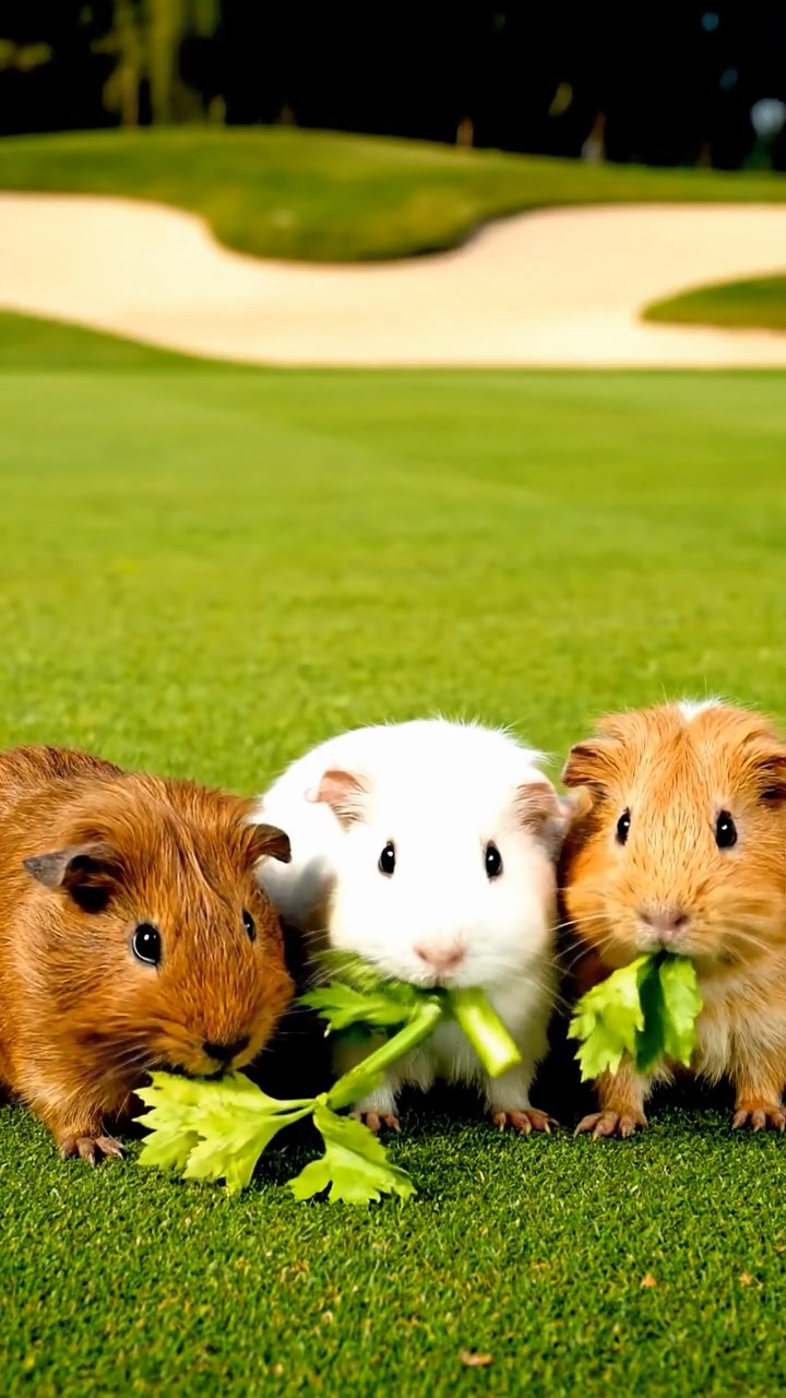 845. Detailed photo of 5 smooth-haired American guinea pigs with White, Orange, Gray, Black, and Brown fur, foraging for clover in a lush meadow with wildflowers and a trickling stream, under soft morning light, creating a realistic, serene pastoral scene.