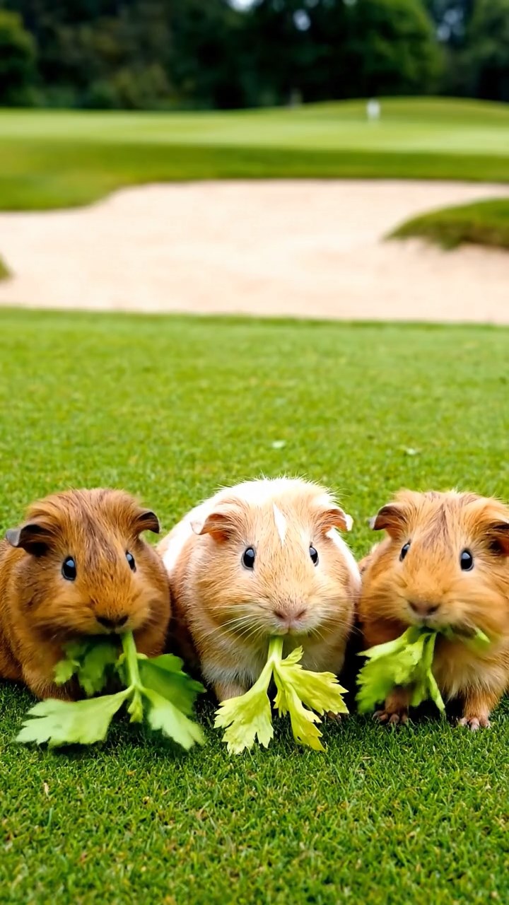 845. Detailed photo of 5 smooth-haired American guinea pigs with White, Orange, Gray, Black, and Brown fur, foraging for clover in a lush meadow with wildflowers and a trickling stream, under soft morning light, creating a realistic, serene pastoral scene.